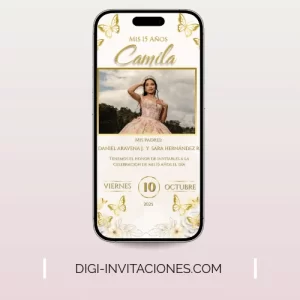 Invitaciones digitales para quinceañera 15 años, xv años pdf personalizado, editable, gratis monograma, para enviar por whatsapp modelo mariposas doradas