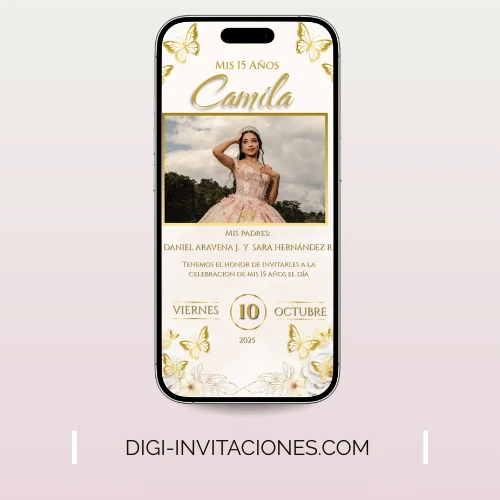 Invitaciones digitales para quinceañera 15 años, xv años pdf personalizado, editable, gratis monograma, para enviar por whatsapp modelo mariposas doradas