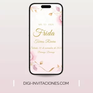 Invitaciones digitales para quinceañera 15 años, xv años pdf personalizado, editable, gratis monograma, para enviar por whatsapp modelo rosa con dorado