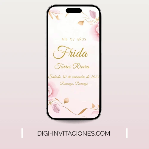 Invitaciones digitales para quinceañera 15 años, xv años pdf personalizado, editable, gratis monograma, para enviar por whatsapp modelo rosa con dorado