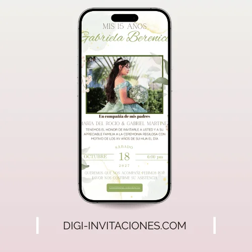 Invitaciones digitales para quinceañera 15 años, xv años pdf personalizado, editable, gratis monograma, para enviar por whatsapp modelo verde naturalez