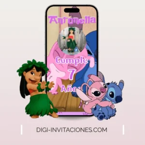 Invitación digital Infantil para niña, temática de Lilo y Stich, Digi Invitaciones