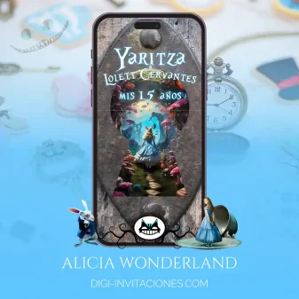 Invitación digital de quinceañera para whatsapp, Alicia en el pais de las maravillas, Alice Wonderland, Estados Unidos, México, sweet 16, mis 15