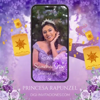 Invitación digital de quinceañera para whatsapp, Enredados Princesa Rapunzel, Estados Unidos, México, sweet 16, mis 15