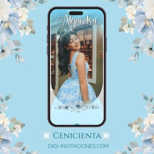 Invitación digital de quinceañera para whatsapp, cenicienta, Estados Unidos, México, sweet 16, mis 15